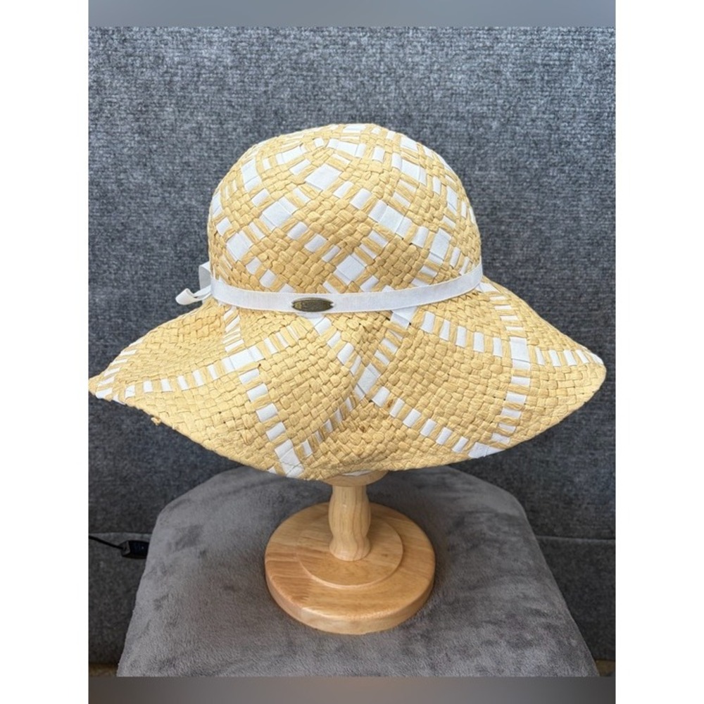 Cappelli Straworld Sun Hat Womens One Size Yellow White Woven Wide Brim Floppy